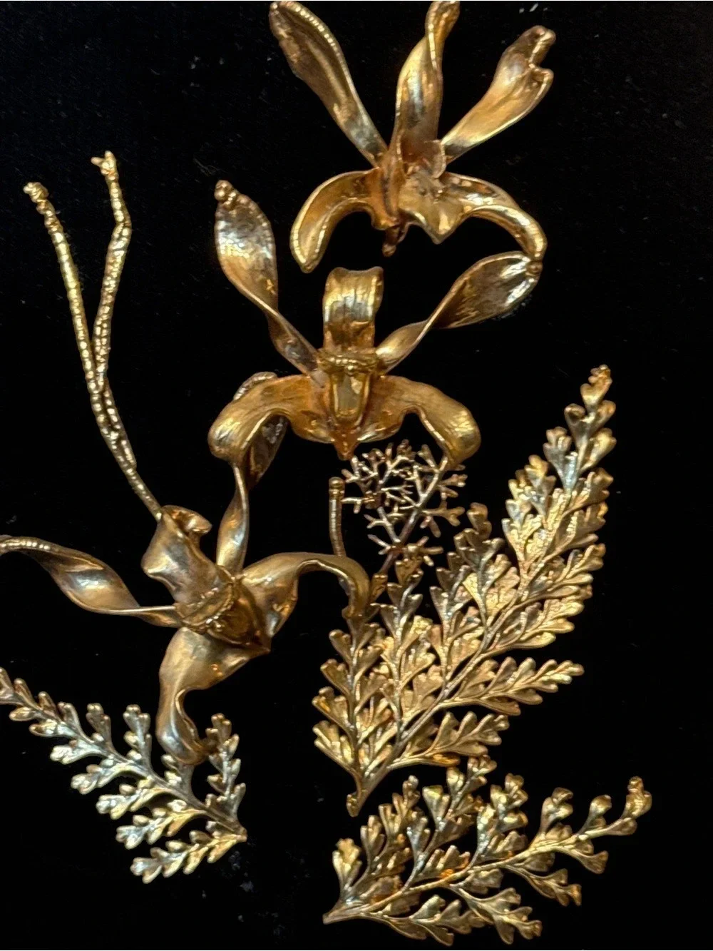 Vintage Saburo 24k Gold Plated Ornate Framed Orchids and Ferns - Marked 1947